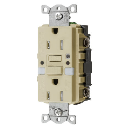 HUBBELL WIRING DEVICE-KELLEMS Power Protection Products, Receptacles, GFCI, Commercial Grade, Self Test, 15A 125V, 2-Pole 3-Wire Grounding, 5- 15R, With Nightlight, Ivory GFTRST15INL